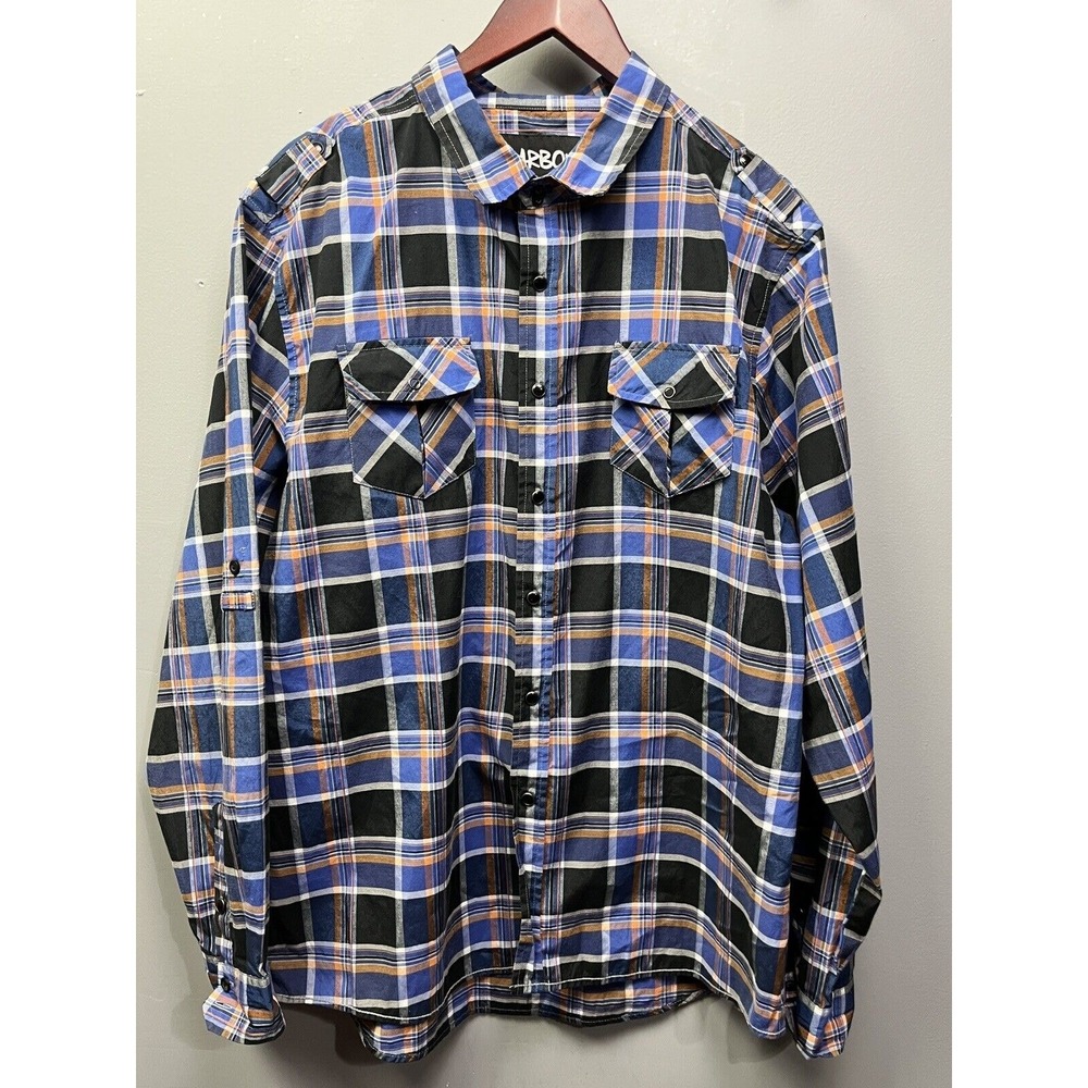 Carbon Button Down Mens XXL Blue Black Plaid Snap‎ Epaulette Roll Tab Shirt